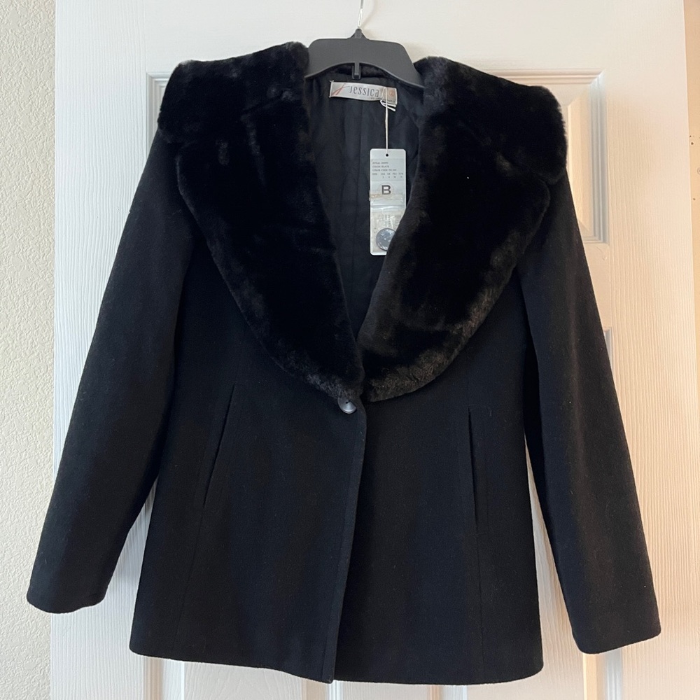 Ladies Black Pea Coat with Faux Fur Collar